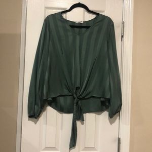 Tie-front Green Striped Blouse Size M